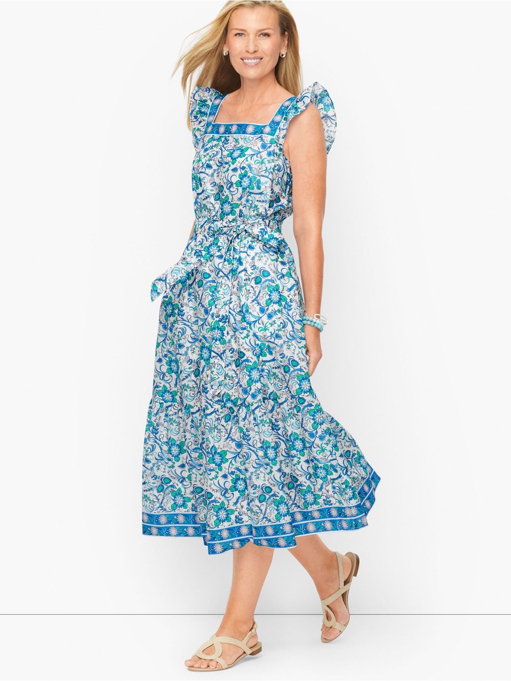 Talbots Voile Blue & White Floral Songbird  Cottagecore Prairie Dress Size 12